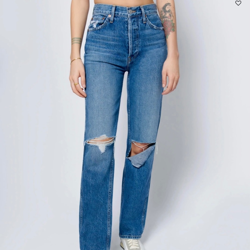 Re/done high rise loose washed indigo with rips size 26